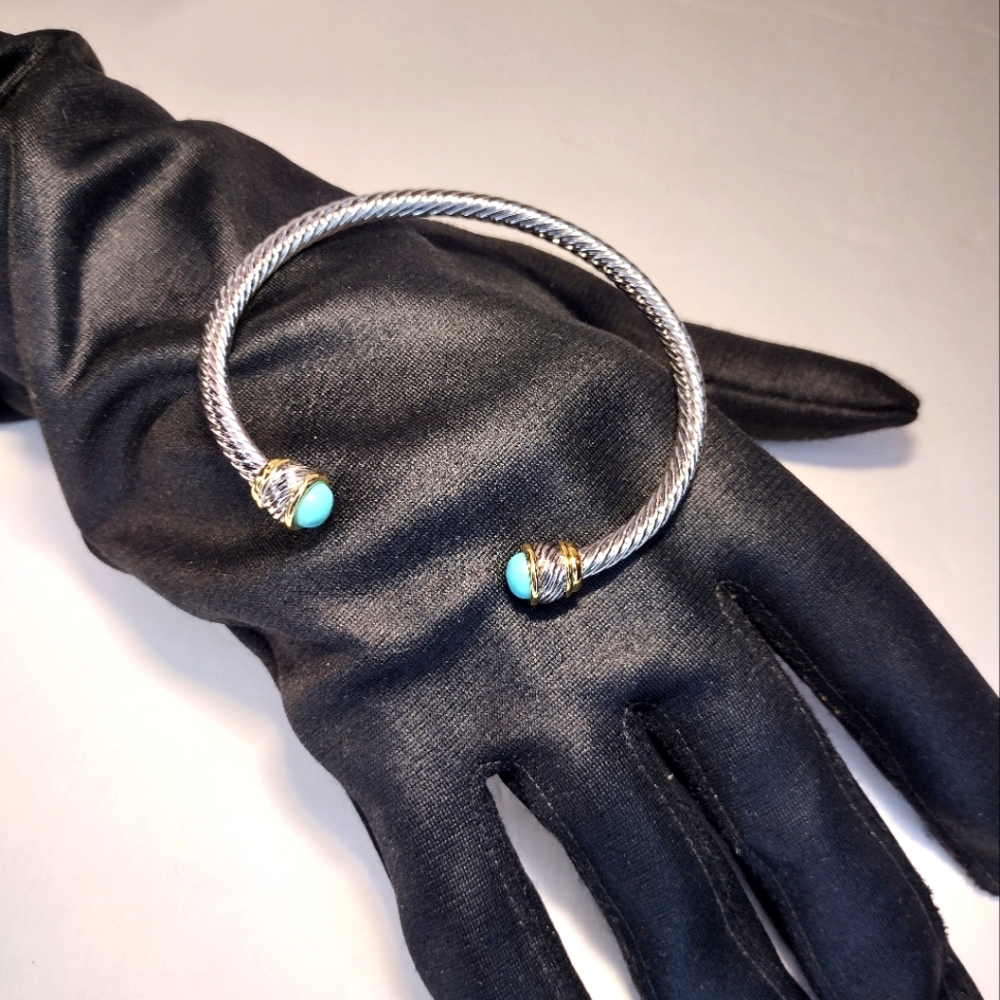 Stainless Steel Silver and Gold Cable Bracelet with Turquoise Accents NWOT